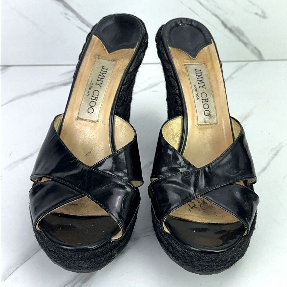Jimmy Choo Phyllis Patent Black Espadrilles Wedge Sandals London Size EU 39 US 9 - Picture 2 of 8
